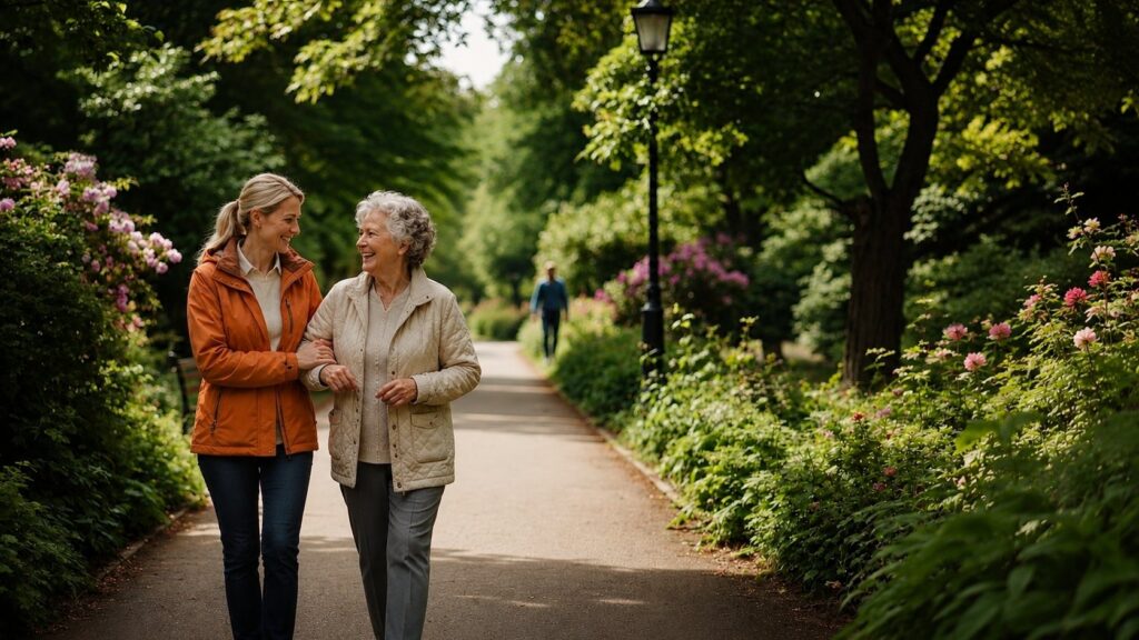 Persönliche Seniorenbetreuung der Betreuungswelt: Seniorin und Betreuungskraft bei einem gemeinsamen Spaziergang.